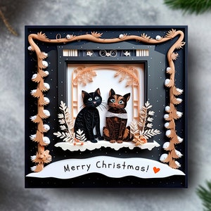 Gepersonaliseerde kerstcadeau 2024 voor zwarte kattenliefhebbers, katten in raam stationaire 2D-kaart met 3D-effect afgedrukt kerstkaartenpakket