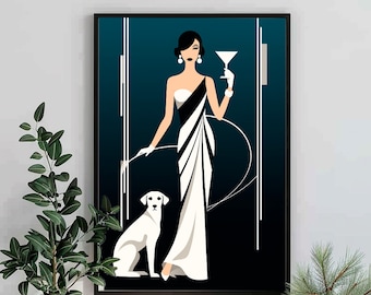 May include: A black and white illustration of a woman in a stylish dress holding a martini glass. She is standing next to a white dog with black spots. The background is a dark blue color.