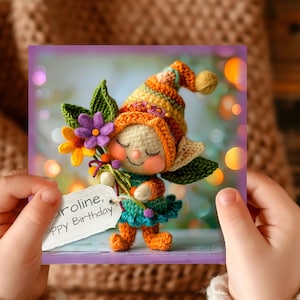 Presente de cartão de aniversário de brinquedo de elfo de malha de crochê personalizado para filha sobrinha, pacote de cartões em branco para amantes de elfos fofos impressos estacionário
