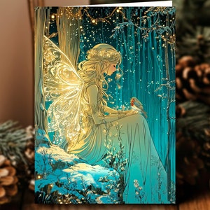 Fairy Girl & Robin Christmas 2025-wenskaart, gepersonaliseerd verjaardagscadeau voor haar, geïllustreerde feeën uniek briefpapier