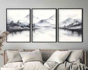 Art mural triptyque montagne personnalisable | Impressions Japandi | Lot de 3 tirages d'art aquarelle | Lot de 3 tirages Montagne noir et blanc