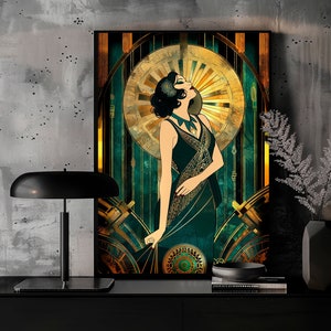 Vintage Style Dressing Room 1920 Gold Teal Decor, Art Deco Lady Powder Room Wall Art, Large Poster 20s Style Wall Art Gift, Art Deco Bedroom