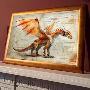 Roter Drache Zeichnung Fantasy Kunstdruck, großes mittelalterliches Poster, Drache Wanddeko, Illustration Geschenk Drache Deko Liebhaber, Fabelwesen Kunst