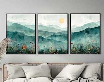 Stora triptyktryck med bergslandskap, set med 3 färgglada posters med japansk bläckmålning och naturmotiv, väggdekor i salviagrönt för vardagsrummet