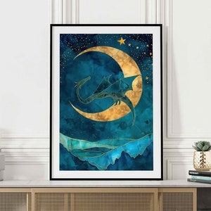 Dragon Crescent Blue Night Poster Fantasy Art Print, großes digitales Drachen-Dekor-Kunstwerk im Vintage-Stil, Illustration Dragon Gift Dragon Lover