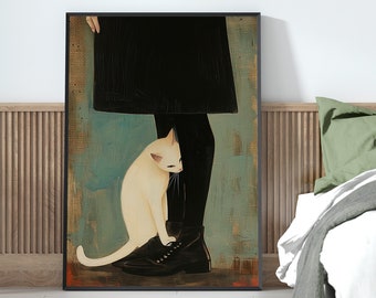 White Cat Wall Art Vintage Bedroom Decor, Cat Mom Dad Gift, Mother's Day Birthday Gift, White Feline Large Cat Portrait Print