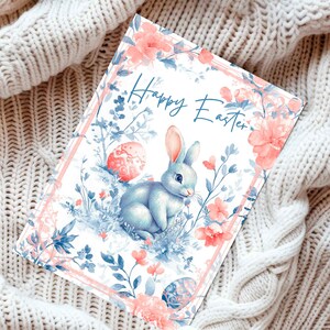 Presente de Páscoa personalizado para crianças e adultos, cartão de Páscoa Chinoiserie Toile de Jouy Bunny, saudação de primavera floral azul, presente de Páscoa vintage
