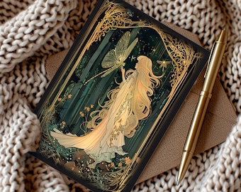 Tarjeta de felicitación de cumpleaños mágica con hadas y libélulas a la luz de la luna para hija y sobrina, tarjetas etéreas en blanco, papelería ilustrada con hadas