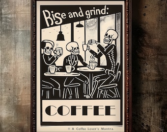 Gothic Vintage Poster 1950's Retro Coffee Print Skeletons Drinking Coffee Spooky Art, Kitchen Decor for Coffee Lover, Halloween Gift