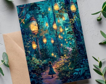 Lanternes de la forêt enchantée Carte Bois magiques, cadeaux d'invitation d'anniversaire, fille, fille, nièce, nièce, art éthéré, paquet de cartes magiques féeriques