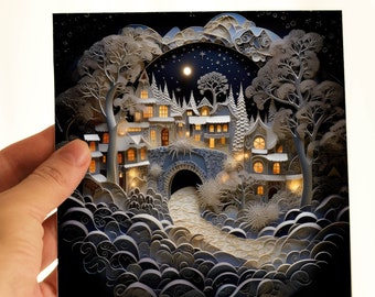 A Magical Village in Snow Greeting Card, Whimsical Winter Town Greetings Cards, 2D Card with 3D Effect, Yule Magical Winter