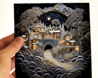 Carte personnalisée de voeux Village magique sous la neige, cartes de Noël 2025 ville hivernale fantaisiste, carte 2D avec effet 3D, hiver magique de Noël