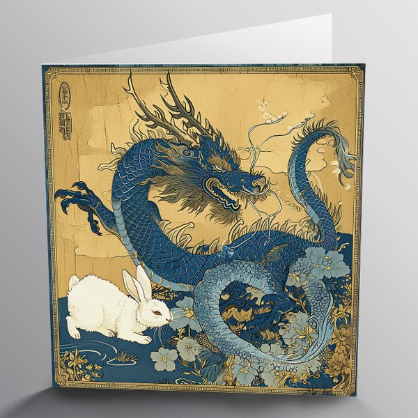 Dragon Chasing Away White Rabbit - Happy Chinese New Year 2024, Lunar New Year 2024, Dragon Card, Gift Birthday Card for Dragon Lovers