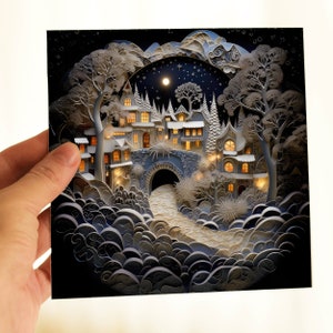 A Magical Village in Snow Greeting Card, Whimsical Winter Town Greetings Cards, 2D Card with 3D Effect, Yule Magical Winter
