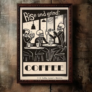 Gothic Vintage Poster 1950&#39;s Retro Coffee Print Skeletons Drinking Coffee Spooky Art, Kitchen Decor for Coffee Lover, Halloween Gift