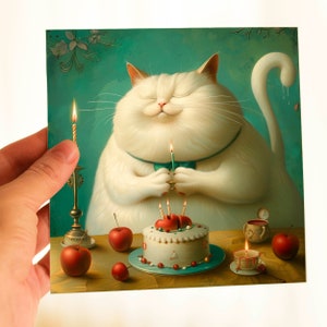 Carte personnalisée gros chat blanc joyeux anniversaire pour chat maman chat parents, paquet de cartes vierges pour amoureux des chats, illustration de chat blanc papeterie