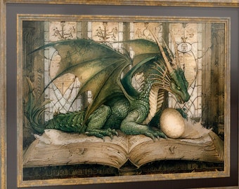 May include: A green dragon with wings outstretched rests on an open book with a white orb in front of it. The dragon is in a room with stained glass windows.