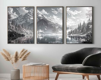 Set of 3 Mountain Prints Wall Art Customisable Black White Japandi, 3 Piece Large Wall Art, Nature Lake Triptych Digital Print Wall Decor