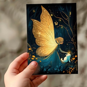 Carte de voeux d'anniversaire magique féerique et chaton blanc au clair de lune pour les amateurs de fées, cartes illustrées vierges Fairycore papeterie