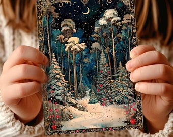 Cartes d'hiver de forêt de Noël enchantée, cadeau de Noël 2025, pays des merveilles d'hiver magique, papeterie d'anniversaire de Noël illustrée personnalisée
