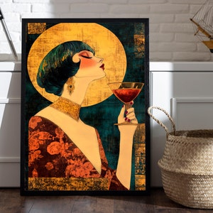 Decoración dorada y granate para vestidor estilo vintage de los años 20, arte de pared para tocador de dama estilo art déco, póster grande de cóctel como regalo, decoración de dormitorio estilo art déco