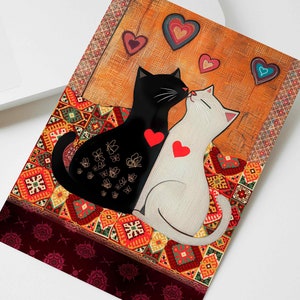 Carte de Saint-Valentin heureuse avec des chats amoureux, cadeau personnalisé pour petite amie femme amoureuse des chats, envoi d'amour avec des chats noirs et blancs, je pense à vous