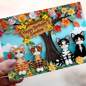Cadeau d'anniversaire personnalisé unique et amusant pour le propriétaire d'un animal, carte illustrée de chats, design mignon d'animal de compagnie, parfait pour les amoureux des chats, fête des enfants