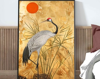 Japanese Gold Crane Wall Art Japandi Style Oriental Poster, Crimson & Bronze Print for Elegant Zen or Minimalist Living Room Home Decor