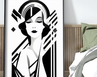 May include: Black and white art print of a woman's face with geometric shapes and lines. The woman has short, dark hair and is wearing a white dress.