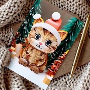 Carte Noël 2025 chat roux en bonnet de Noel, cadeau station de vacances chaton, carte pour amoureux des chats, carte 2D avec effet 3D, jeu de cartes chats