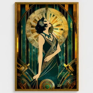 Vintage Style Dressing Room 1920 Gold Teal Emerald Decor, Art Deco Lady Powder Room Wall Art Large 20s Style Wall Art Gift, Art Deco Bedroom