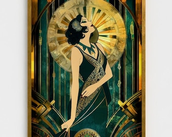 May include: Art Deco style framed print featuring a woman in a dark green dress with gold accents, set against a backdrop of a golden clock and teal and gold geometric shapes. The artwork has a vintage aesthetic.