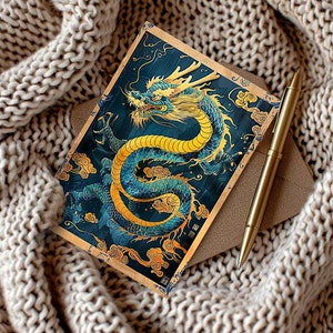 Blue Gold Dragon Card cadeau, jaar van de blauwe draak stationair, maannieuwjaar illustratie kaarten, verjaardagscadeau kaart voor drakenliefhebbers