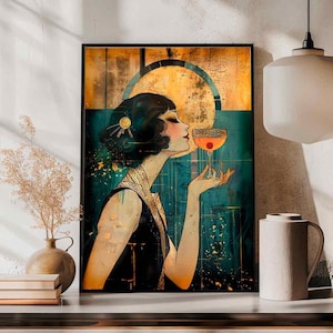 Vestidor estilo vintage de los años 20 con decoración en verde azulado y dorado, arte de pared para tocador de dama estilo art déco, póster grande de cóctel como regalo, decoración de dormitorio estilo art déco