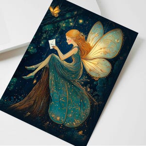 Tarjeta de felicitación de cumpleaños mágica con texto en inglés "Lectura de hadas" para hija y sobrina, tarjetas en blanco, papelería de hadas completamente ilustrada para amantes de las hadas