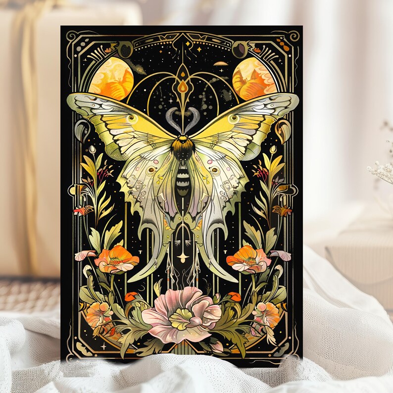Butterfly Moth Illustration Art Nouveau Stationary, Insect Flowers Goth Goblincore Whimsigoth Birthday Card, Cottagecore Dark Moths Gift image 6