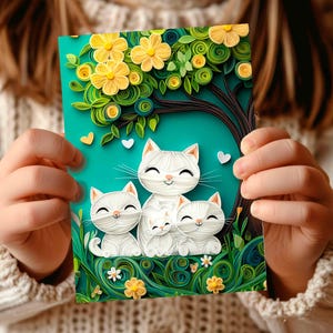 Family of Cute White Cats Personalised Birthday Birthday, Love to Cat Parents, 2D card with 3D effect, Pack of Blank Cards for Cat Lovers