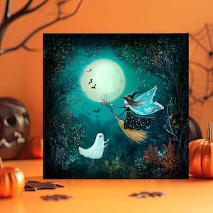 Regalo perfecto de Halloween, tarjeta de felicitación espeluznante ilustrada con fantasmas de brujas personalizada, regalo para amigas, hijas, madres, niños, regalo de Witchcore