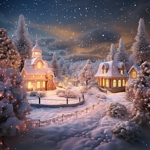 Carte de voeux Chalets enchantés dans la neige, cartes de voeux forêt lunatique, carte forêt hivernale magique pour anniversaire, anniversaire, Noël
