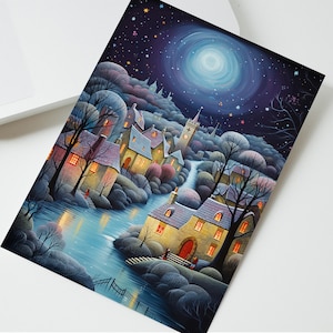Northern Lights over Enchanted Village Christmas Card, Winter Aurora Greetings Cards Xmas 2025, Magical Winter Wonderland Card, Xmas Cards