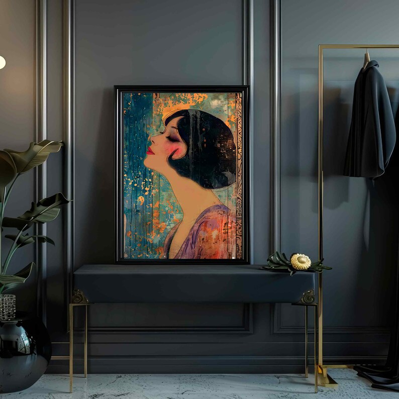 Framed Art Deco Style Vintage Powder Room Wall Art, Large Art Deco Blue Purple Gold Wall Art Retro Lovers Gift, Living Room Home Decor