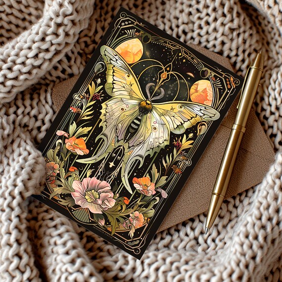 Butterfly Moth Illustration Art Nouveau Stationary, Insect Flowers Goth Goblincore Whimsigoth Birthday Card, Cottagecore Dark Moths Gift