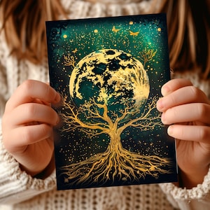 Arbre céleste de la terre personnalisé bleu sarcelle en or style carte de tarot papeterie personnalisée, carte illustrée d'anniversaire cadeau gothique