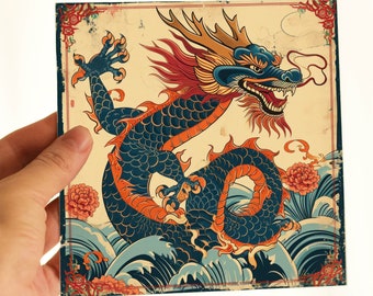 May include: A vintage-style illustration of a blue and orange dragon with red and gold accents, set against a cream background with floral details. The dragon is depicted in a dynamic pose, with its tail curled around its body and its head turned to the side.