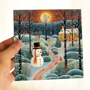 Snowman in Enchanted Forest Christmas Card, Whimsical Cottage Greetings Cards Xmas 2025, Magical Winter Woodland Card