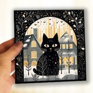 Carte hiver neige chat noir, carte de voeux chat noir, cartes chat pour les fêtes, carte pour amoureux des chats, cift pour propriétaire de chat, jeu de cartes de Noël