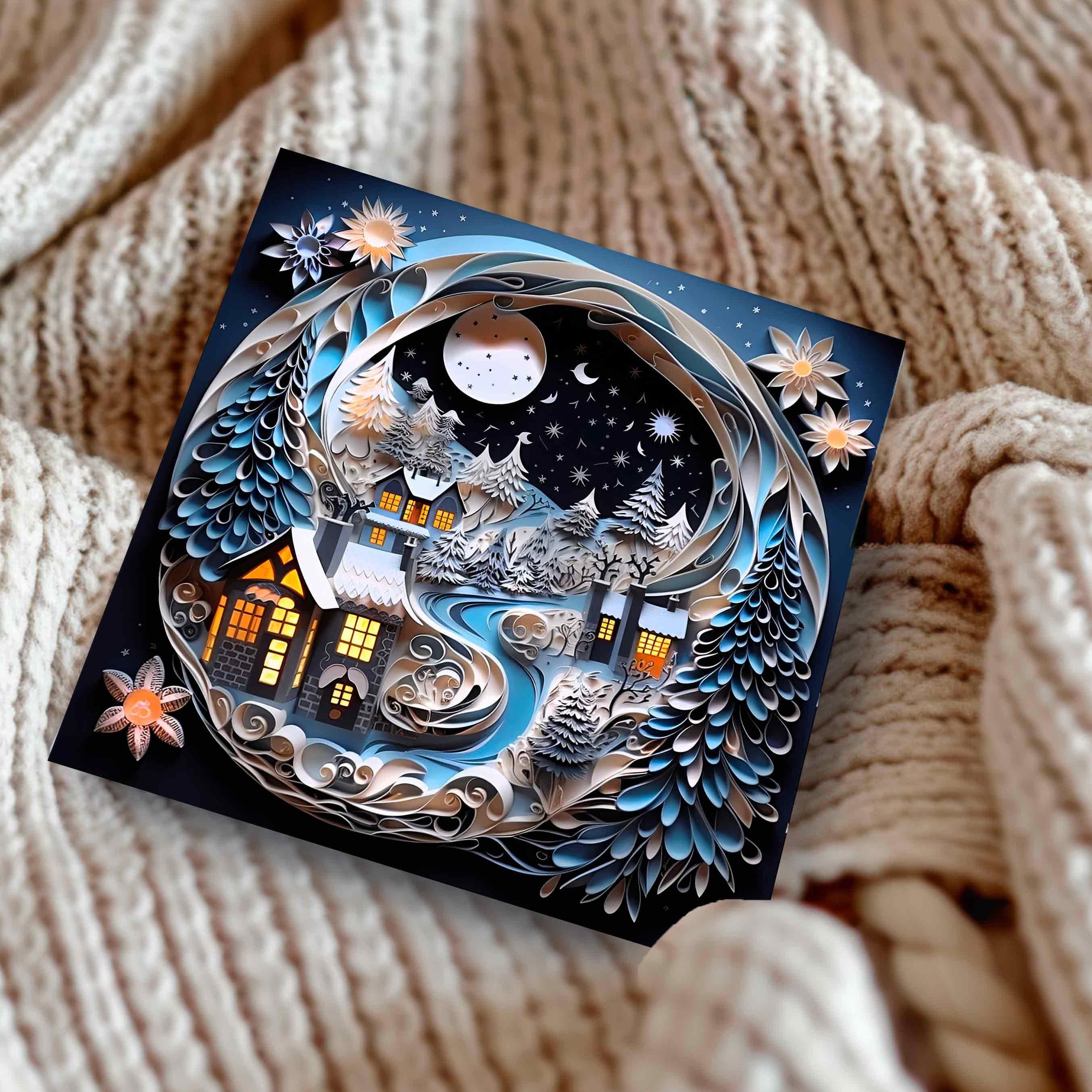 Enchanted Village Snow Forest Luxury Christmas Card, Whimsical Cottages 3D Effect, Magical Winter Woodland 2025 Xmas Personalised Stationary