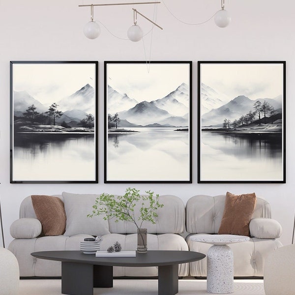 Art mural triptyque montagne personnalisable | Impressions Japandi | Lot de 3 tirages d'art aquarelle | Lot de 3 tirages Montagne noir et blanc