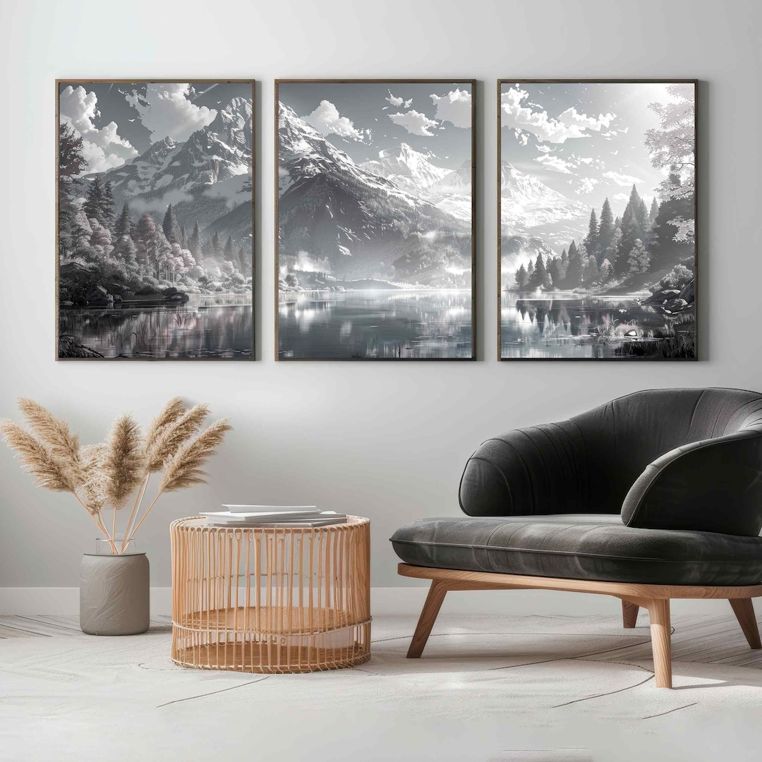 Set of 3 Mountain Prints Wall Art Customisable Black White Japandi, 3 ...