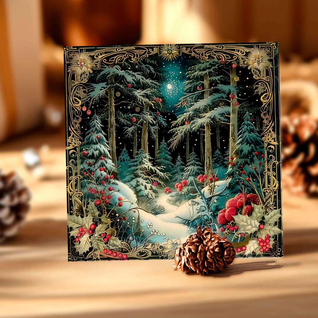 Personalized Enchanted Christmas Forest Card, Winter Wonderland Holiday